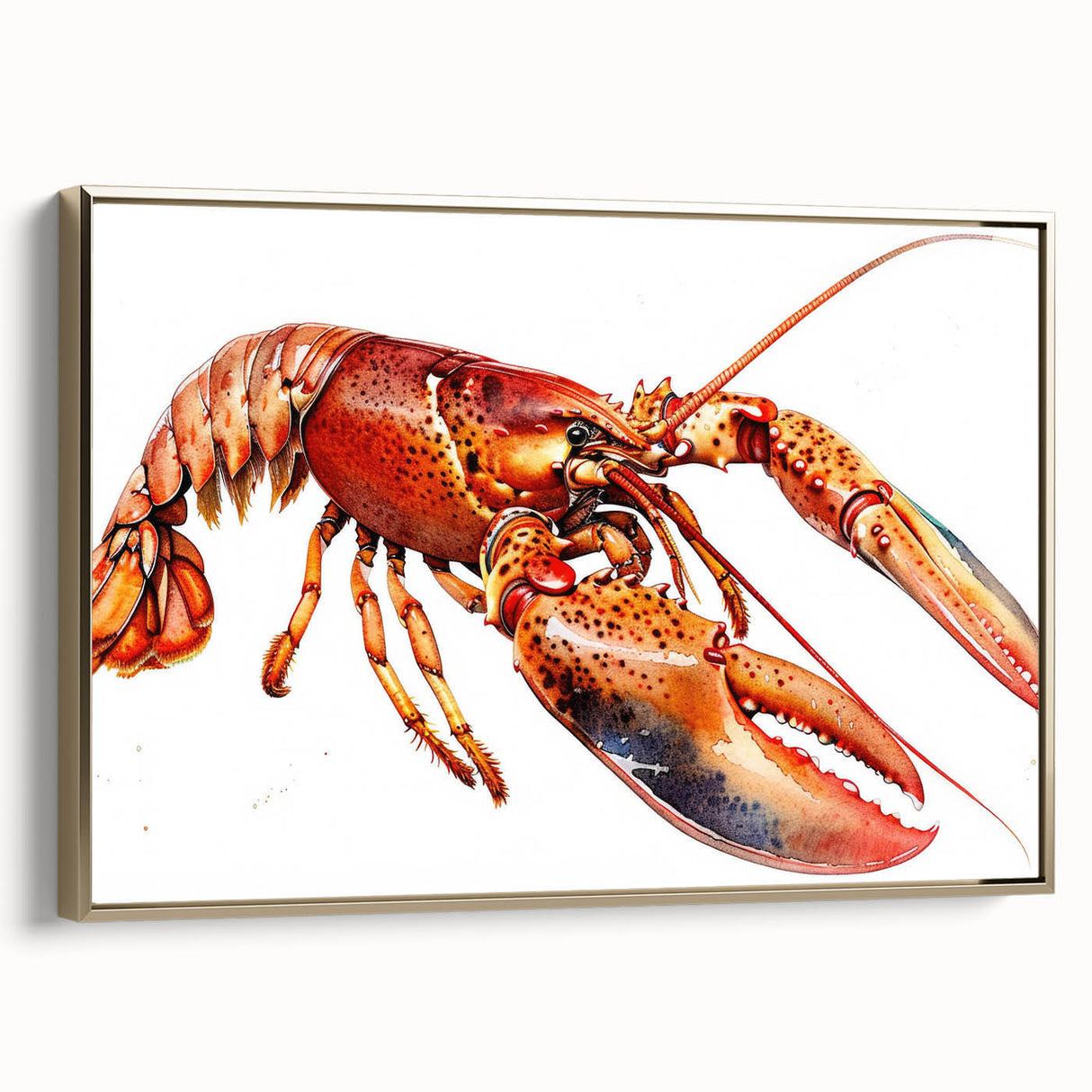 Framed canvas wall art showcasing a detailed lobster design in vibrant colors, set against a gold background, perfect for marine-themed decor.