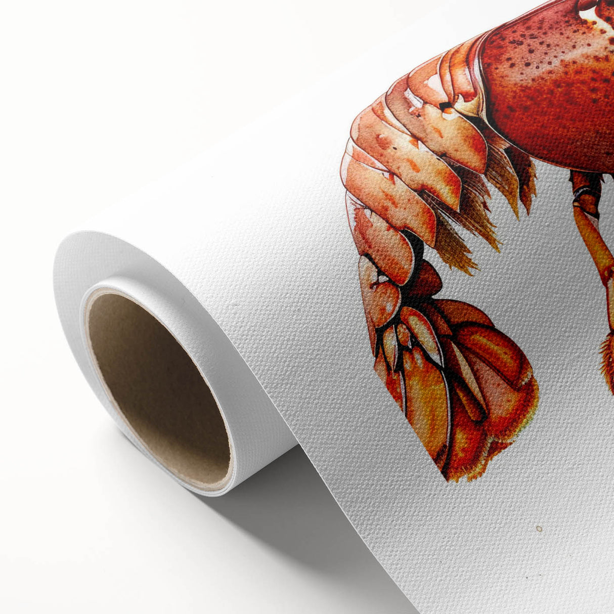 Vibrant lobster design wall art printed on rolled canvas, showcasing intricate marine life details in bold colors, perfect for ocean-themed decor.