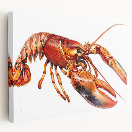 Stretched canvas wall art showcasing a vibrant lobster design with intricate details and bold colors, perfect for marine life enthusiasts and coastal decor.