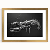 Close-up of a framed marine life wall art print featuring a detailed lobster design with a gold mat, showcasing vibrant colors and intricate details, perfect for ocean-themed decor.