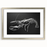 Lobster-themed wall art framed in silver, showcasing intricate marine life design with a mat for added depth, perfect for coastal home decor enthusiasts.
