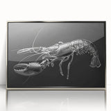 Framed wall art featuring a vibrant lobster design against a silver backdrop, perfect for marine life enthusiasts and coastal-themed decor. The acrylic finish enhances colors.