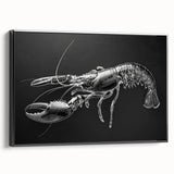 Framed canvas wall art showcasing a vibrant marine life lobster design, featuring intricate details and a sleek black frame, perfect for coastal decor enthusiasts.