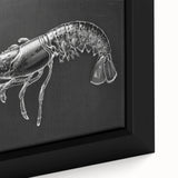 Close-up of a framed canvas wall art featuring a vibrant lobster design, showcasing intricate marine life details and bright colors, perfect for ocean-themed decor.