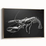 Framed wall art showcasing a detailed lobster design in vibrant colors, featuring a gold border. Ideal for marine life enthusiasts and coastal decor.