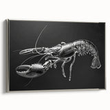 Framed canvas wall art showcasing a detailed lobster design in vibrant colors, set against a silver background, perfect for marine-themed decor.