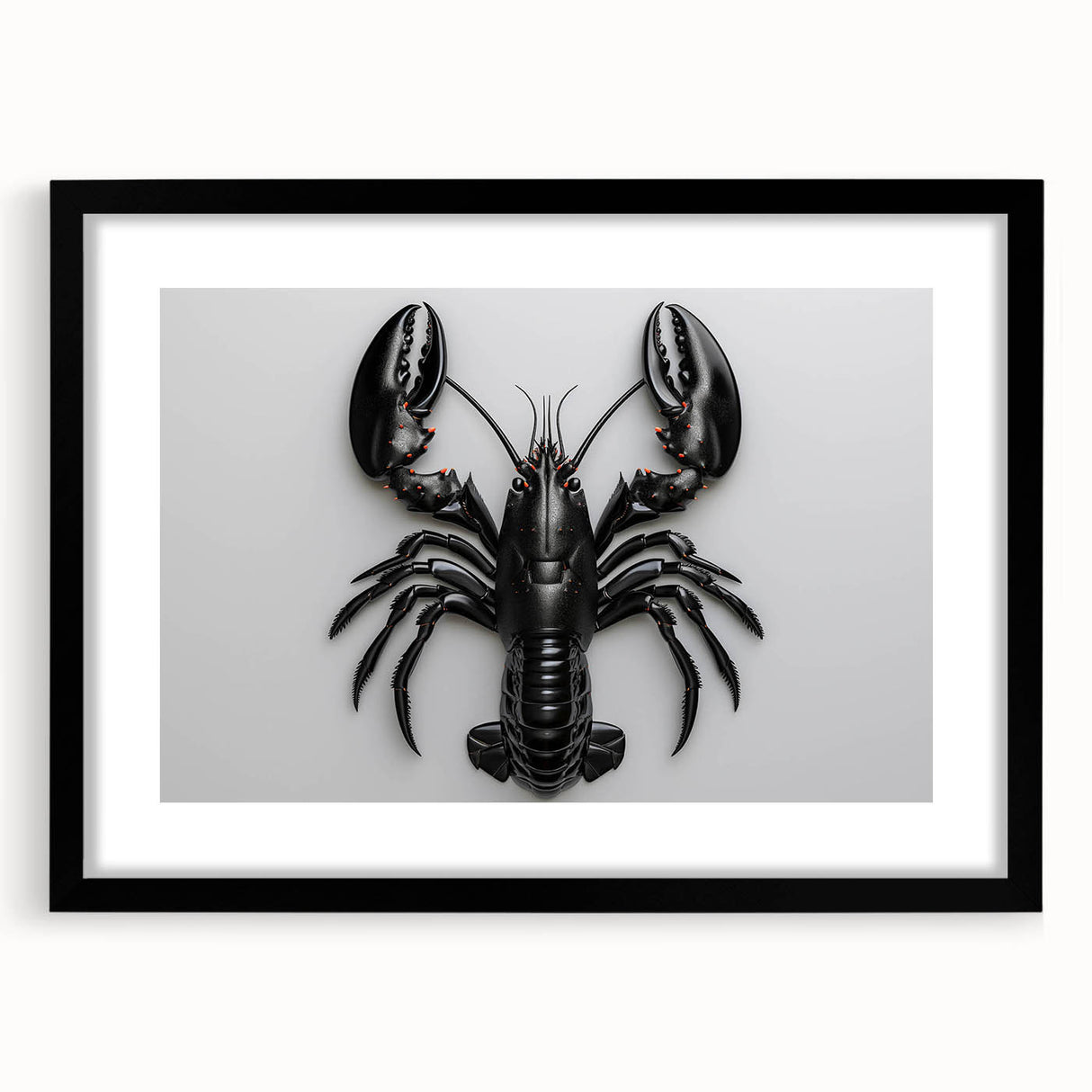 Framed wall art showcasing a vibrant marine life lobster design, featuring a black frame and mat, perfect for ocean-themed home decor. Ideal for seafood lovers.