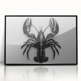 Framed wall art showcasing a detailed lobster design in vibrant colors, set against a sleek black background, perfect for marine life enthusiasts and home decor.