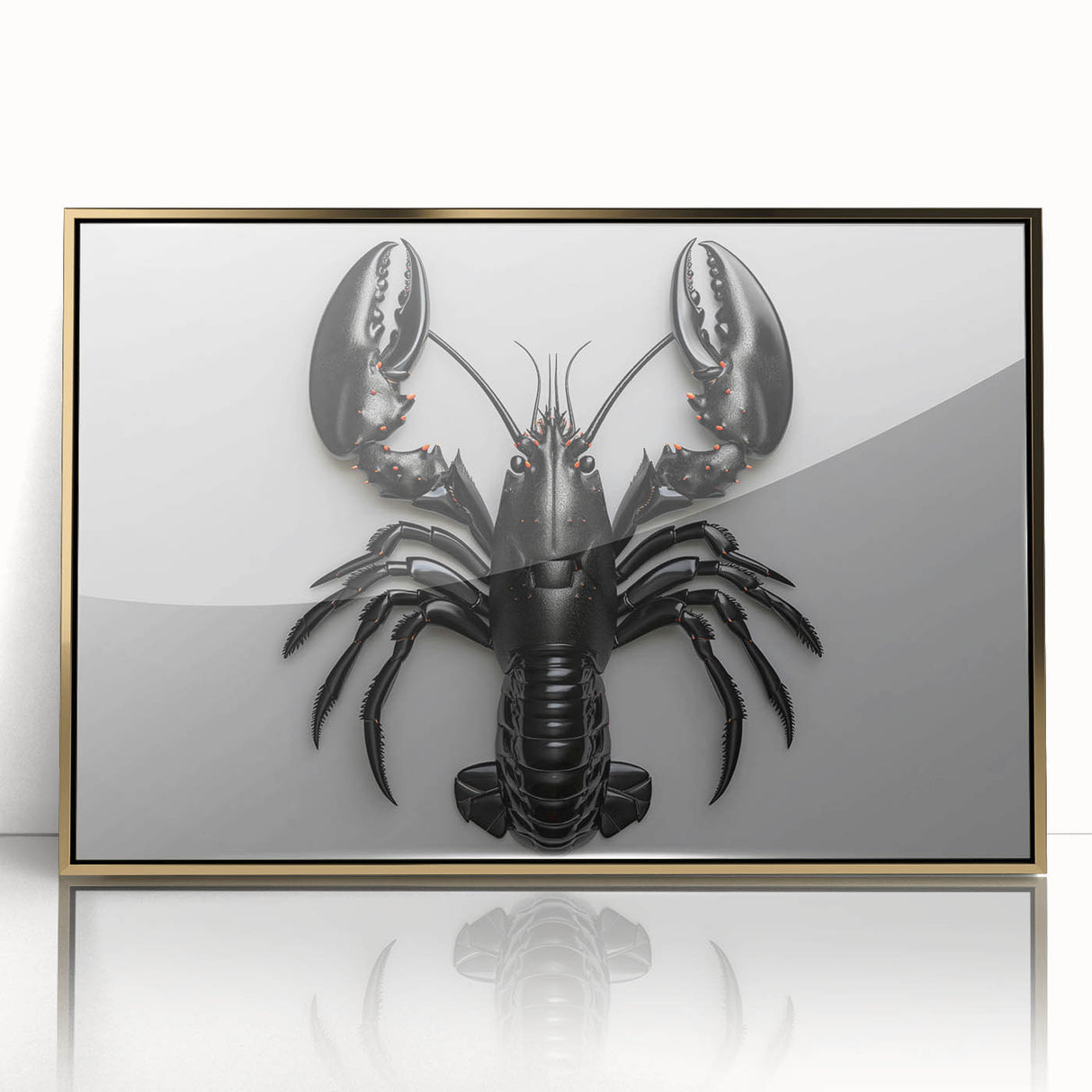Framed wall art featuring a vibrant lobster design in acrylic with a gold frame, showcasing marine life in a contemporary style for ocean-themed decor.