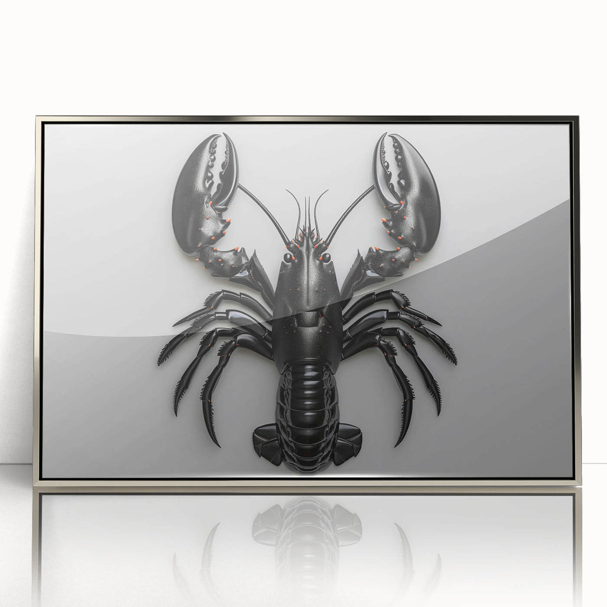 Framed acrylic wall art featuring a vibrant marine life lobster design in silver, showcasing intricate details and a modern aesthetic for home decor.