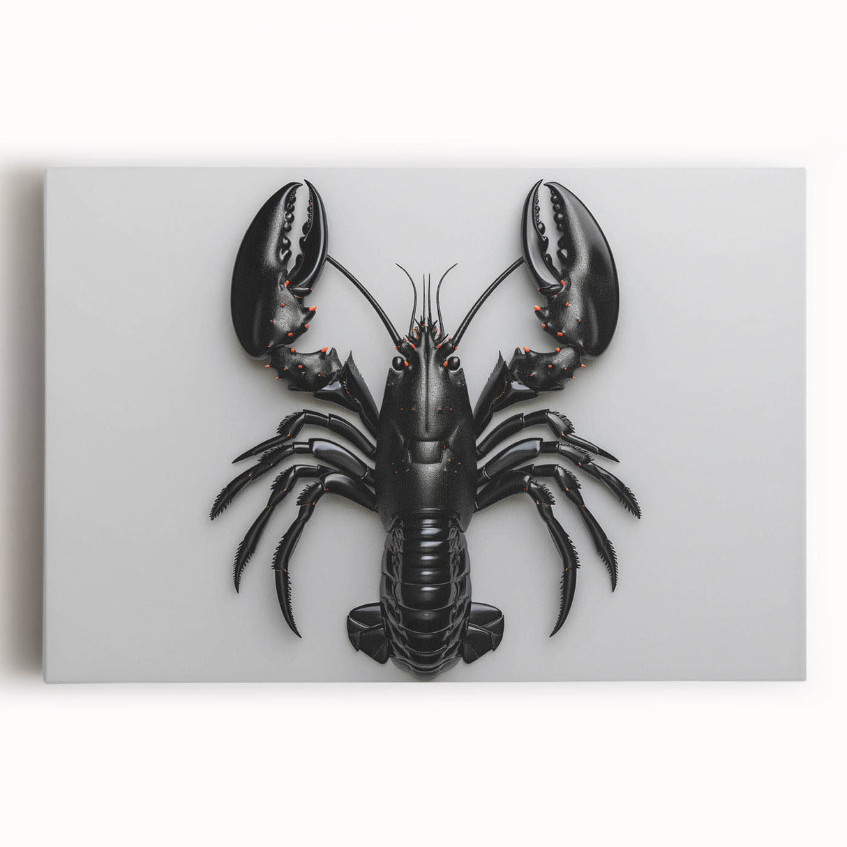 Stretched canvas wall art featuring a vibrant lobster design, showcasing intricate details and rich colors, perfect for marine life enthusiasts and coastal decor.