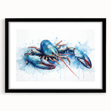Framed marine life wall art showcasing a colorful lobster design, set in a sleek black frame with a mat, perfect for ocean-themed decor and coastal aesthetics.