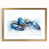 Gold-framed wall art collection showcasing a vibrant lobster design, set against a textured mat background, perfect for marine-themed decor in coastal homes.