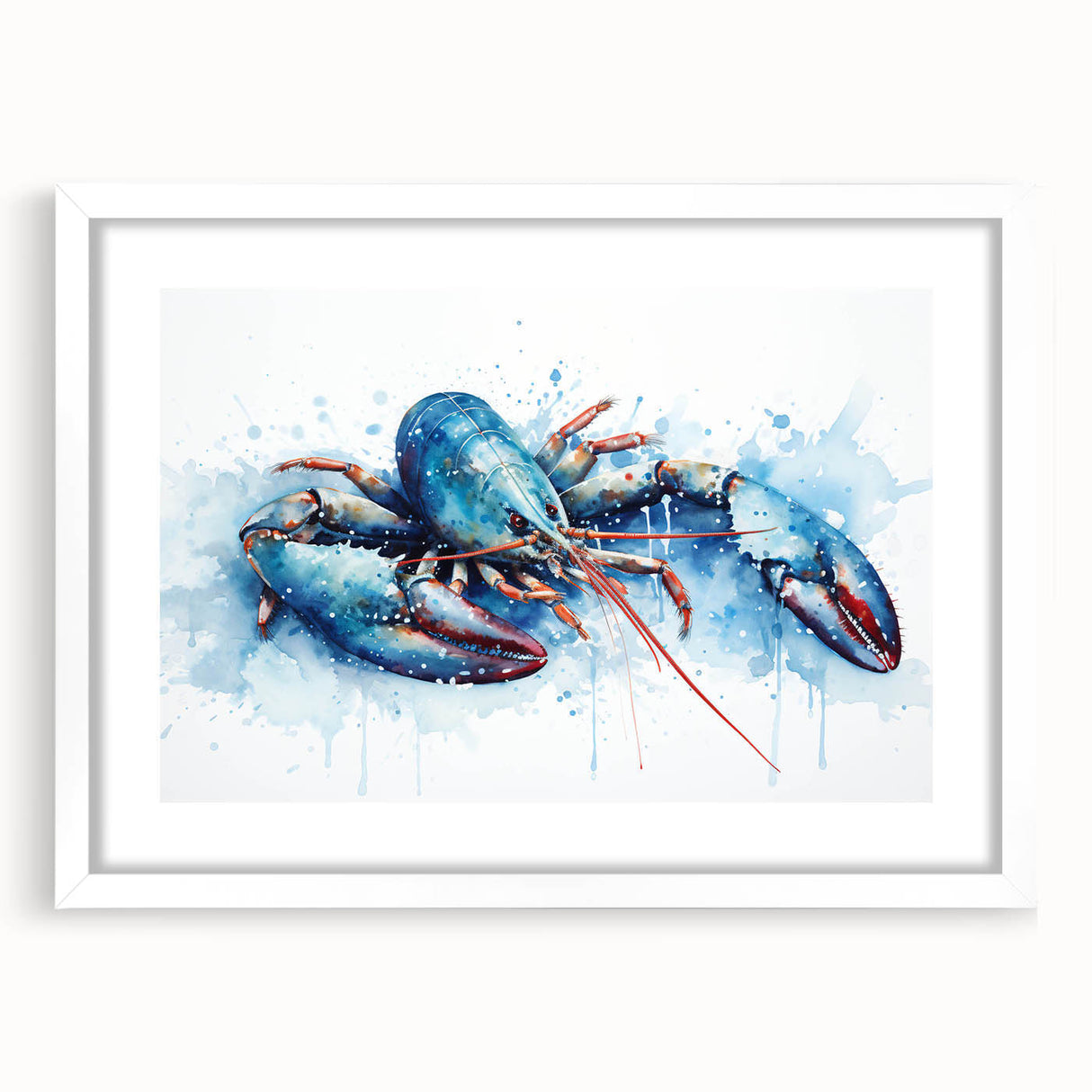 Framed marine life wall art featuring a detailed lobster design, set against a white background with a mat, perfect for coastal-themed decor and ocean lovers.