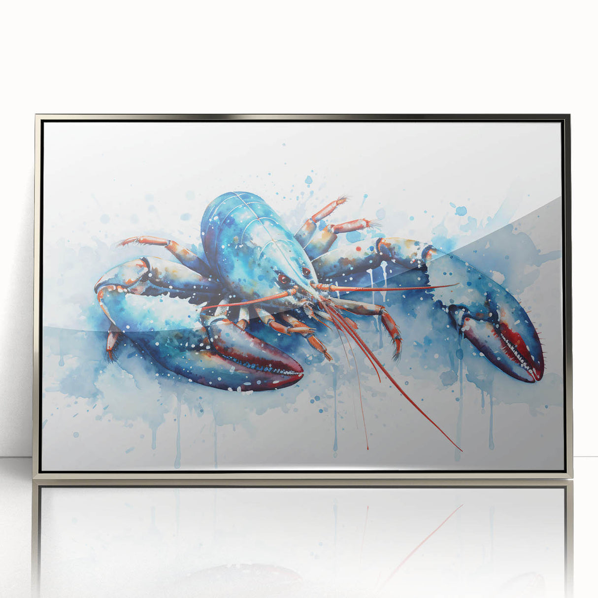 Framed wall art featuring a detailed lobster design in vibrant colors, set in a sleek silver frame, perfect for marine life enthusiasts and coastal decor.
