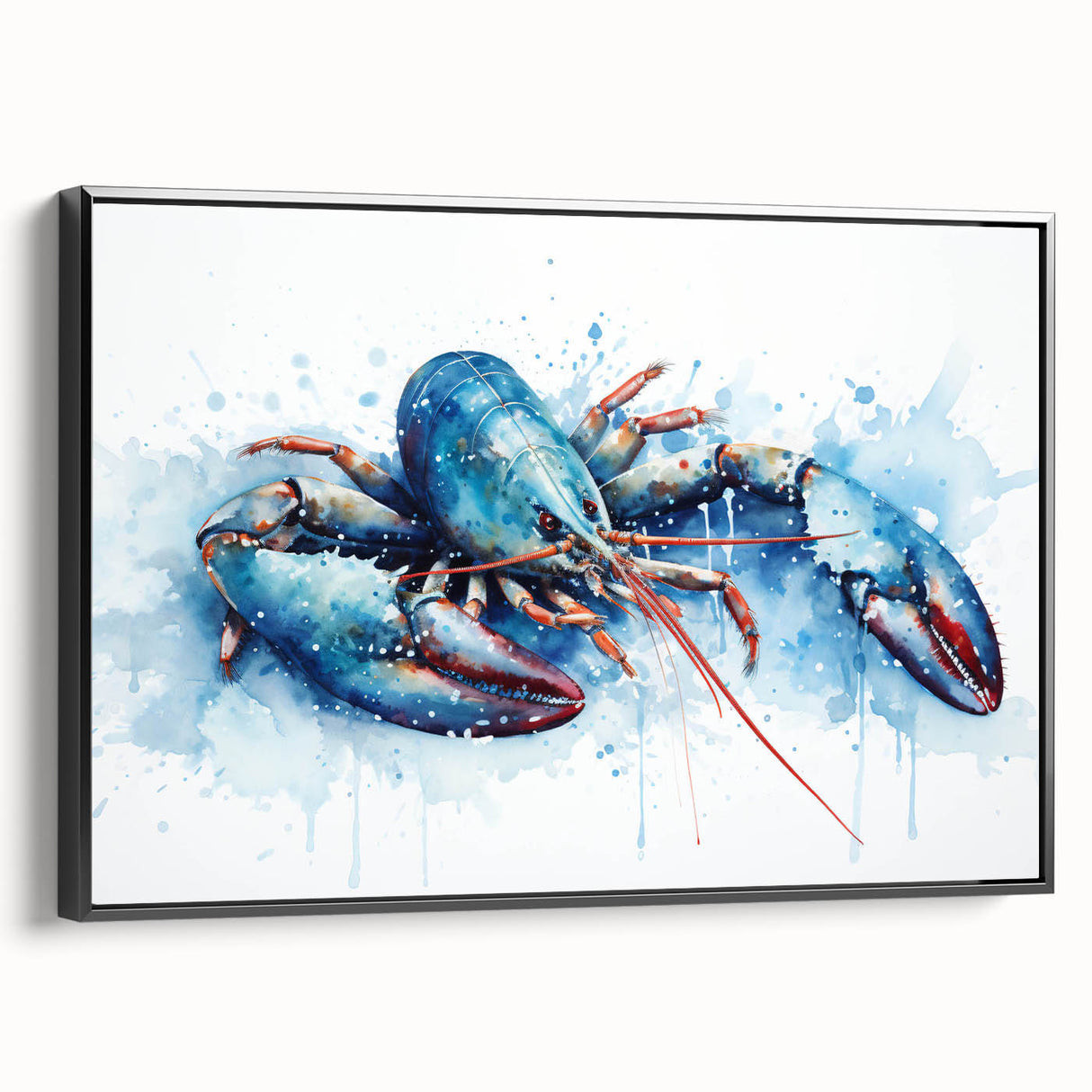 Framed canvas wall art showcasing a vibrant marine life lobster design, featuring rich blue and red colors, perfect for coastal-themed decor and ocean enthusiasts.