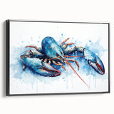 Framed canvas wall art showcasing a vibrant marine life lobster design, featuring rich blue and red colors, perfect for coastal-themed decor and ocean enthusiasts.