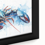 Close-up of a framed canvas wall art piece depicting a vibrant lobster design, showcasing intricate details and rich colors, perfect for marine-themed decor.