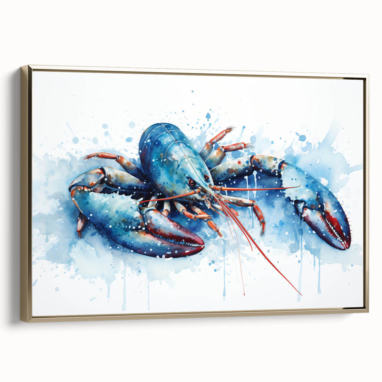Framed wall art featuring a vibrant lobster design in a gold frame, showcasing intricate marine life details. Ideal for coastal decor enthusiasts.