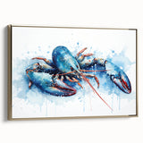 Framed wall art featuring a vibrant lobster design in a gold frame, showcasing intricate marine life details. Ideal for coastal decor enthusiasts.