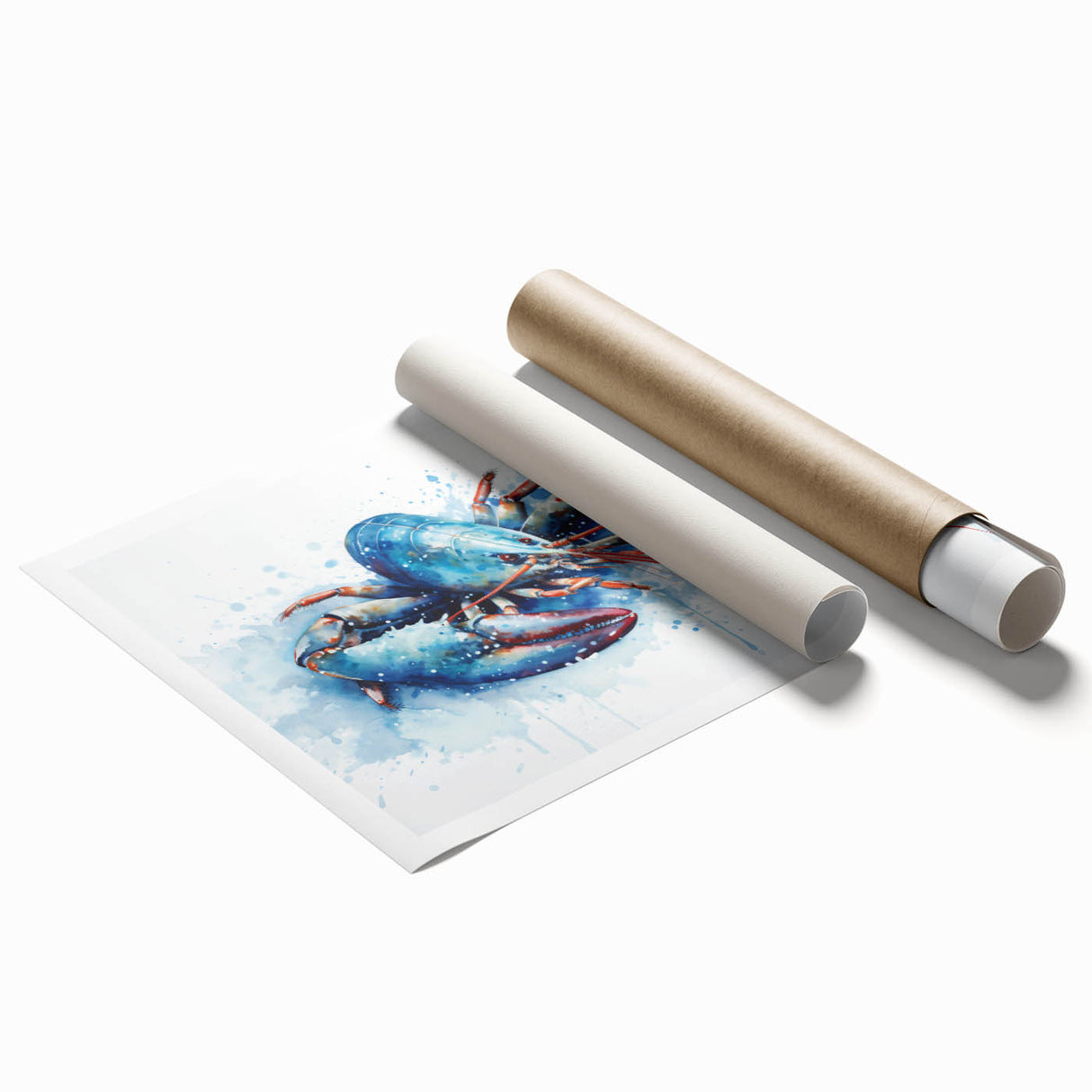 Vibrant wall art print showcasing a detailed marine life design featuring a colorful lobster, perfect for ocean-themed decor, rolled for easy framing.