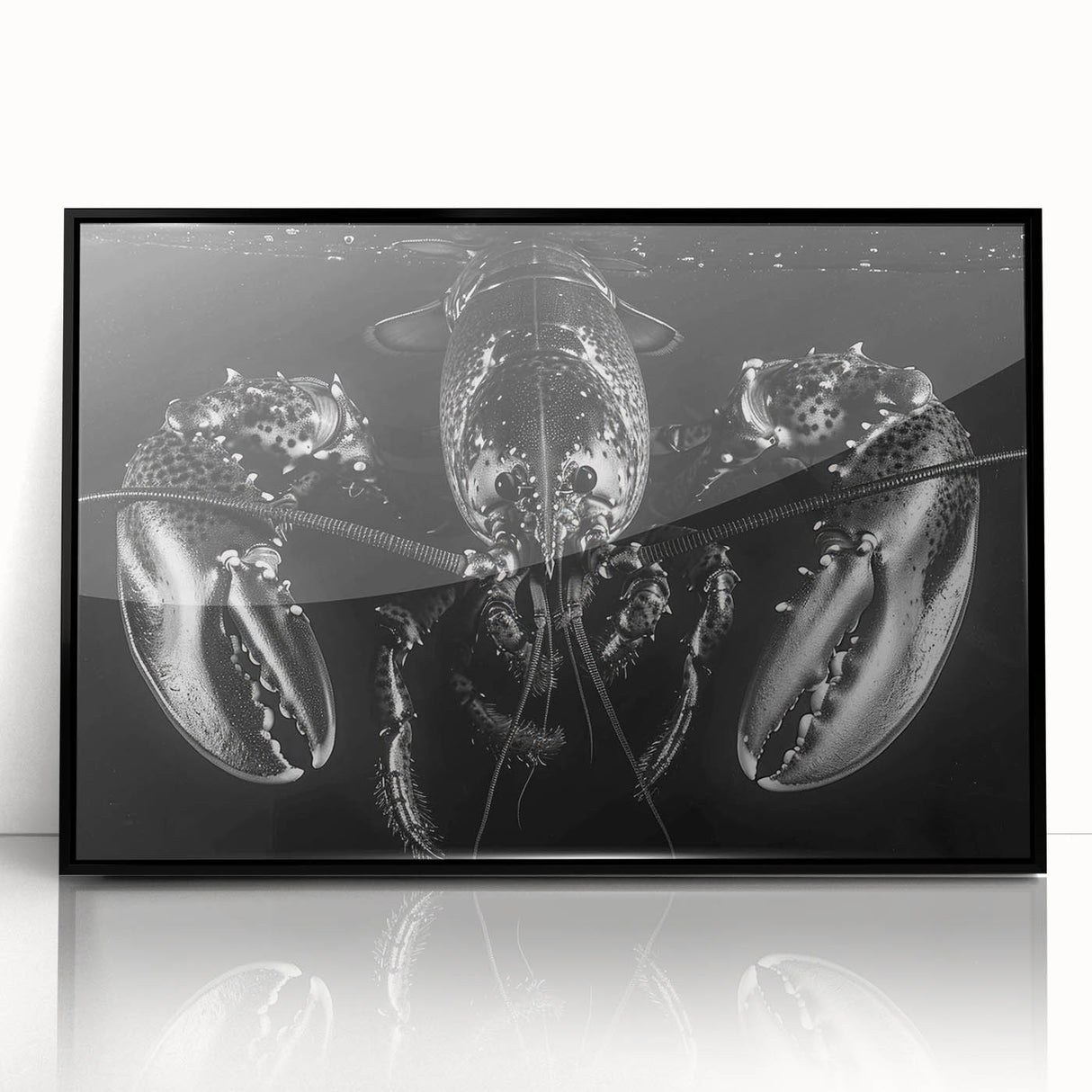 Framed acrylic wall art showcasing a detailed lobster design, with a striking black frame and vibrant colors, perfect for marine-themed decor.