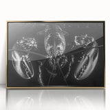 Framed wall art featuring a vibrant lobster design in a gold-acrylic finish, showcasing detailed marine life elements against a sleek backdrop. Ideal for ocean-themed decor.