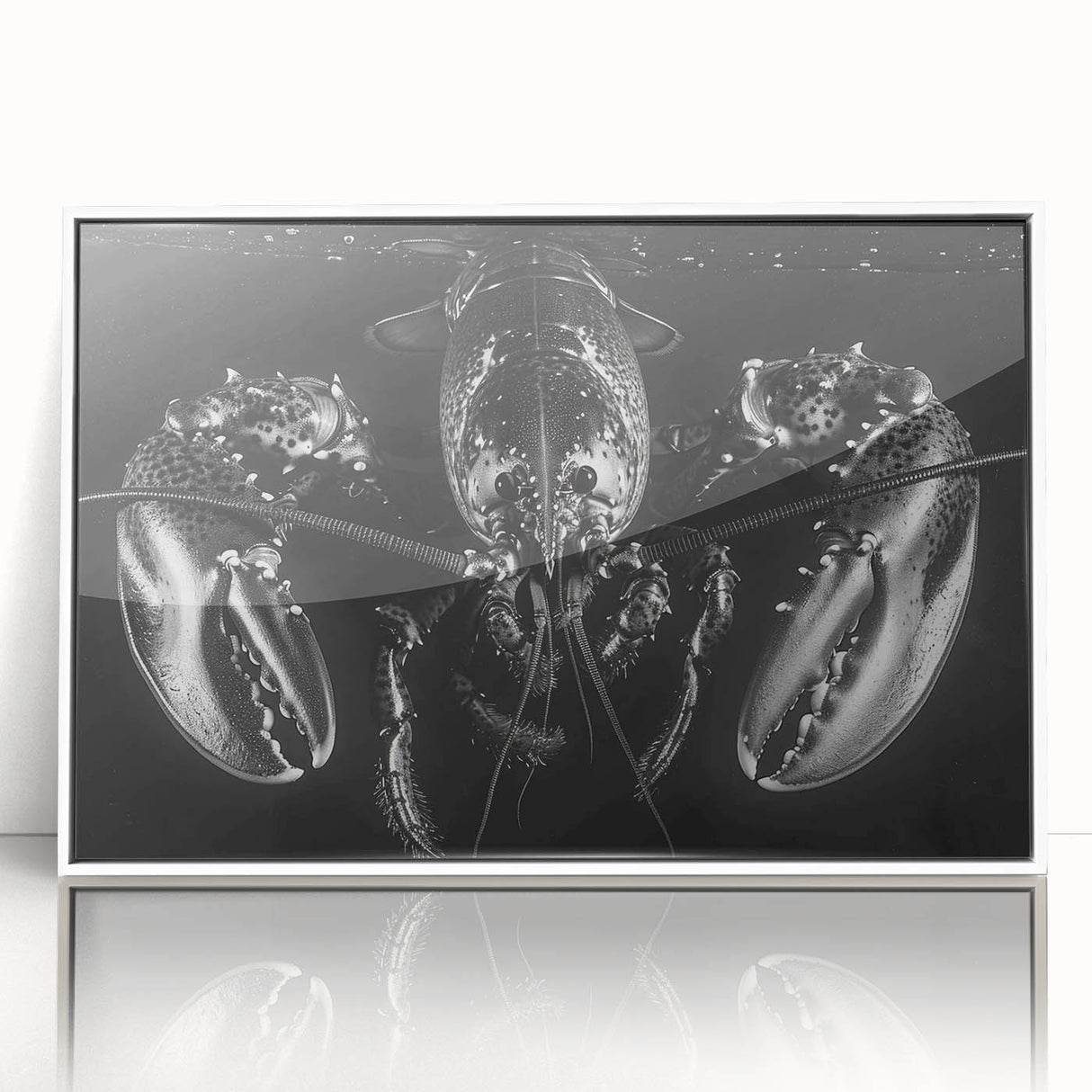 Framed wall art showcasing a vibrant lobster design in an acrylic finish, featuring a sleek white border, perfect for marine-themed decor in coastal homes.