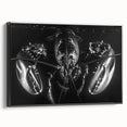 Framed canvas wall art featuring a vibrant lobster design, showcasing intricate marine life details, set against a sleek black background, ideal for coastal decor.