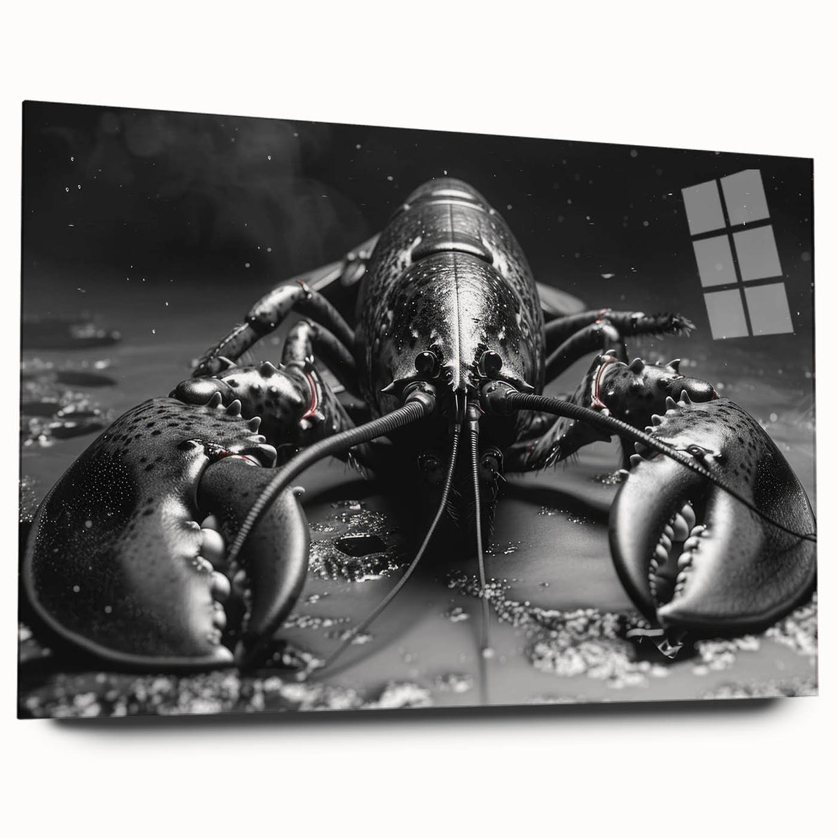 Lobster-themed wall art design featuring vibrant colors and intricate details, displayed in side view on acrylic glass, perfect for marine life enthusiasts.