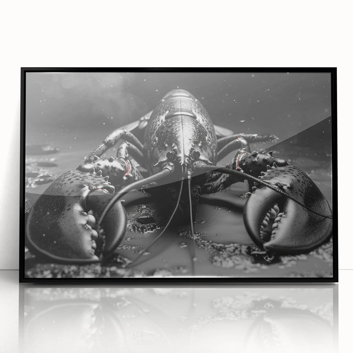 Framed wall art featuring a vibrant lobster design, showcasing intricate marine life details, set in a sleek black frame for modern decor. Perfect for ocean-themed interiors.
