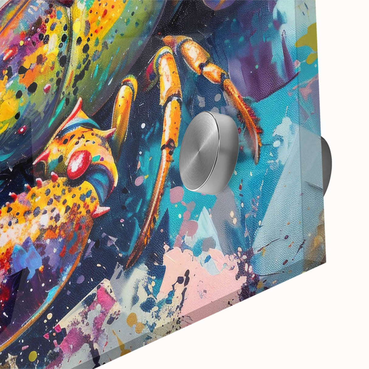 Close-up of a vibrant lobster wall art design on acrylic glass, showcasing intricate marine life details and vivid colors, perfect for ocean-themed decor.