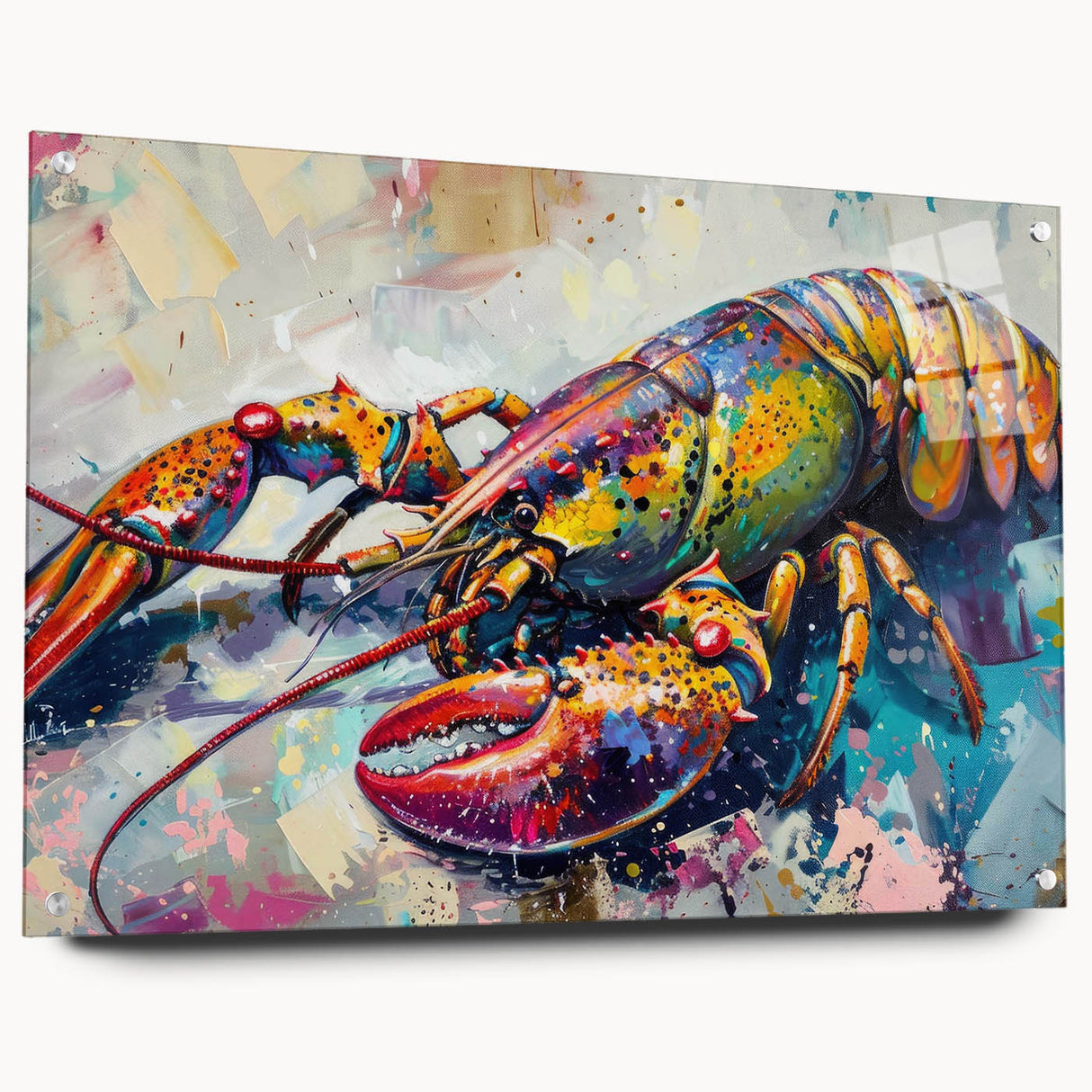 Lobster-themed wall art collection displayed in side view, featuring vibrant colors and acrylic glass finish, perfect for marine life enthusiasts' decor.