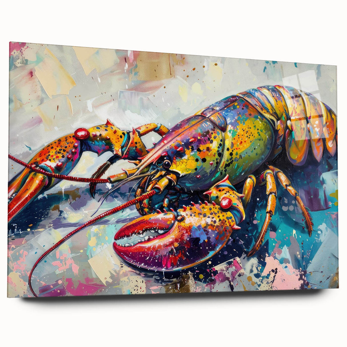 Stunning acrylic wall art showcasing a vibrant lobster design, beautifully displayed in a side view. Perfect for marine life enthusiasts, adding a colorful touch to any decor.