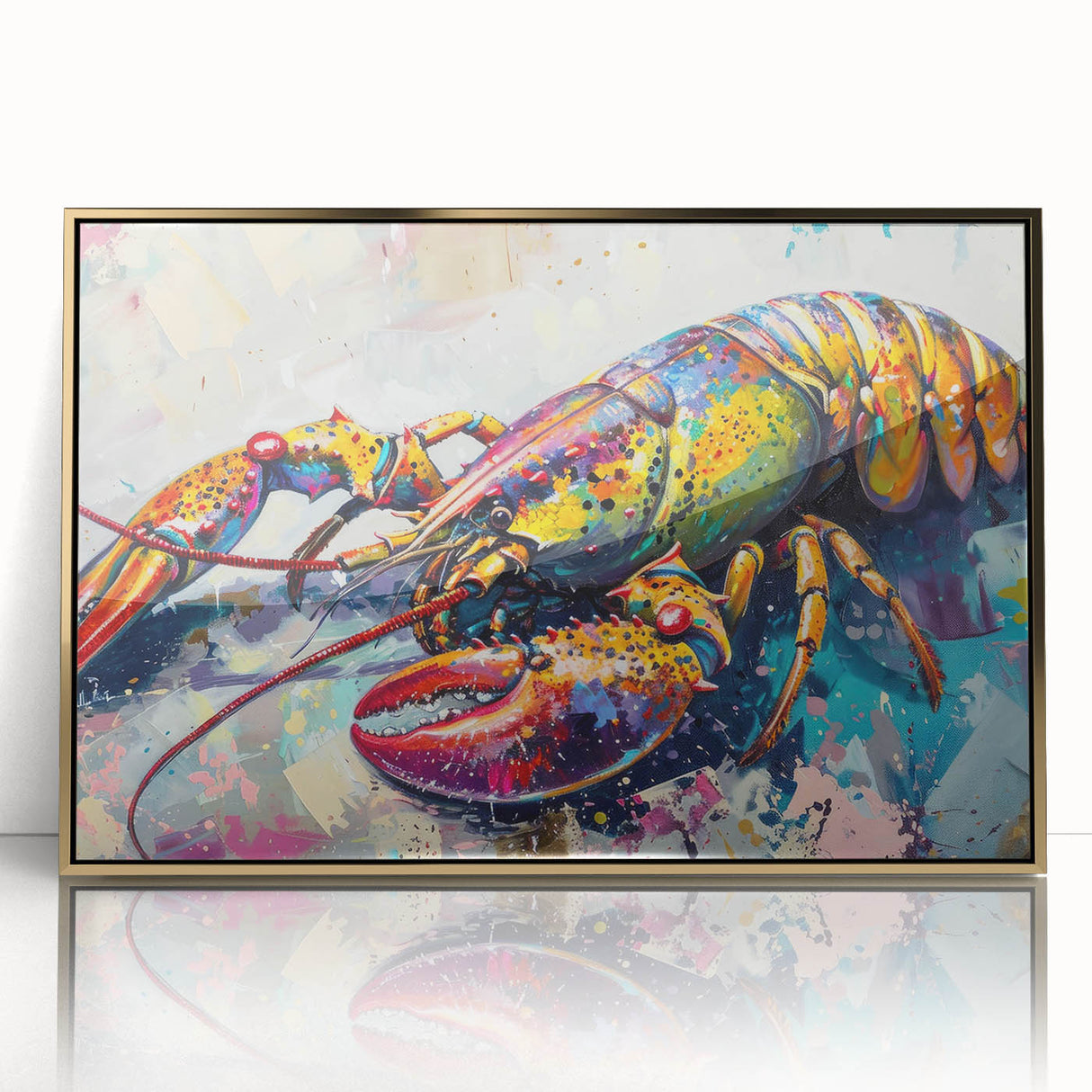 Framed wall art showcasing a vibrant marine life lobster design, featuring a gold acrylic finish that enhances its colors, perfect for coastal-themed decor.