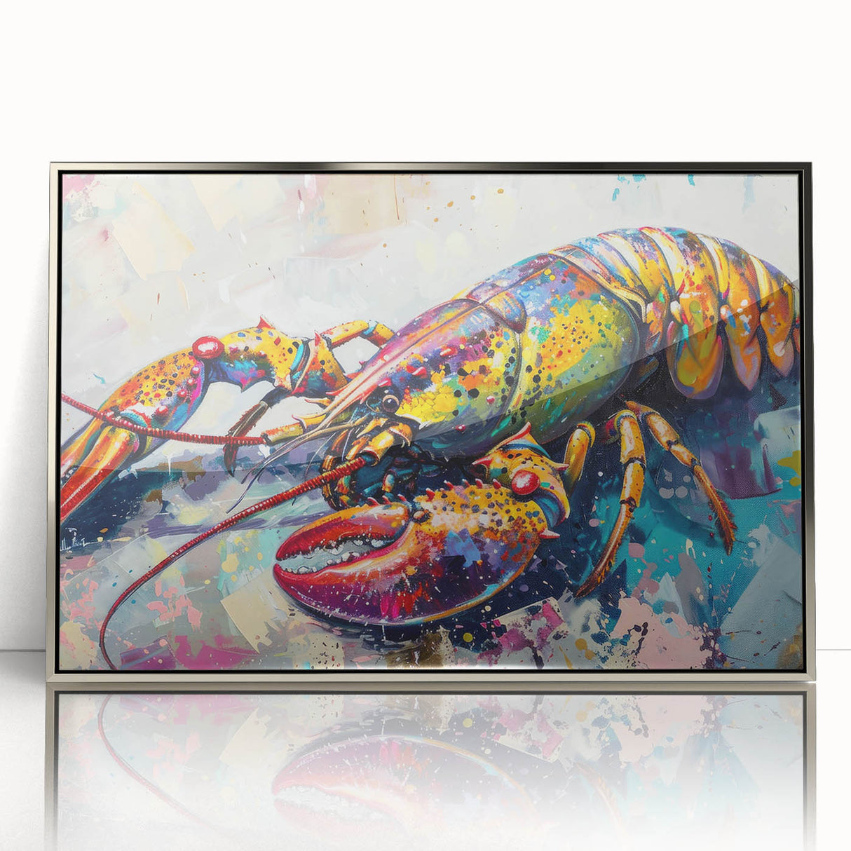 Framed wall art featuring a detailed marine life lobster design, set in an elegant silver frame, showcasing vibrant colors and intricate details, ideal for ocean-themed decor.