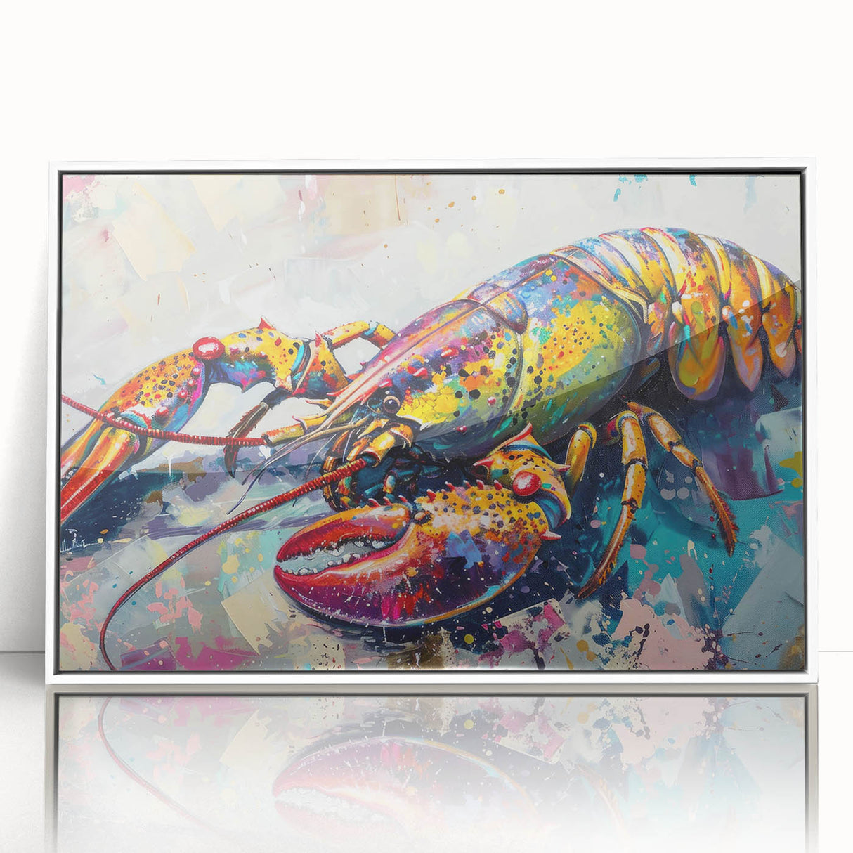 Framed acrylic wall art showcasing a vibrant lobster design in a marine life theme, set against a sleek white background, perfect for ocean-inspired decor.
