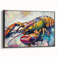 Framed canvas wall art showcasing a vibrant lobster design, featuring intricate marine life details. The artwork is displayed with a sleek black frame, ideal for coastal-themed decor.