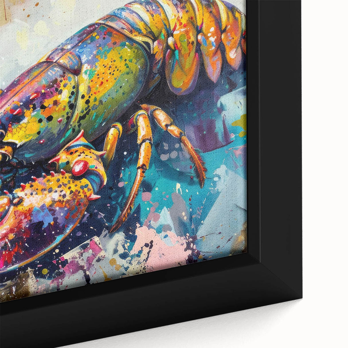 Close-up of a framed canvas wall art piece showcasing a detailed lobster design, featuring vibrant colors and textured elements, perfect for marine-themed decor.