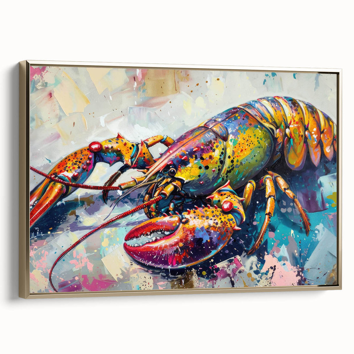 Framed canvas wall art featuring a vibrant lobster design with gold accents, showcasing marine life in a stylish side view, perfect for coastal decor enthusiasts.