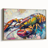 Framed canvas wall art featuring a vibrant lobster design with gold accents, showcasing marine life in a stylish side view, perfect for coastal decor enthusiasts.