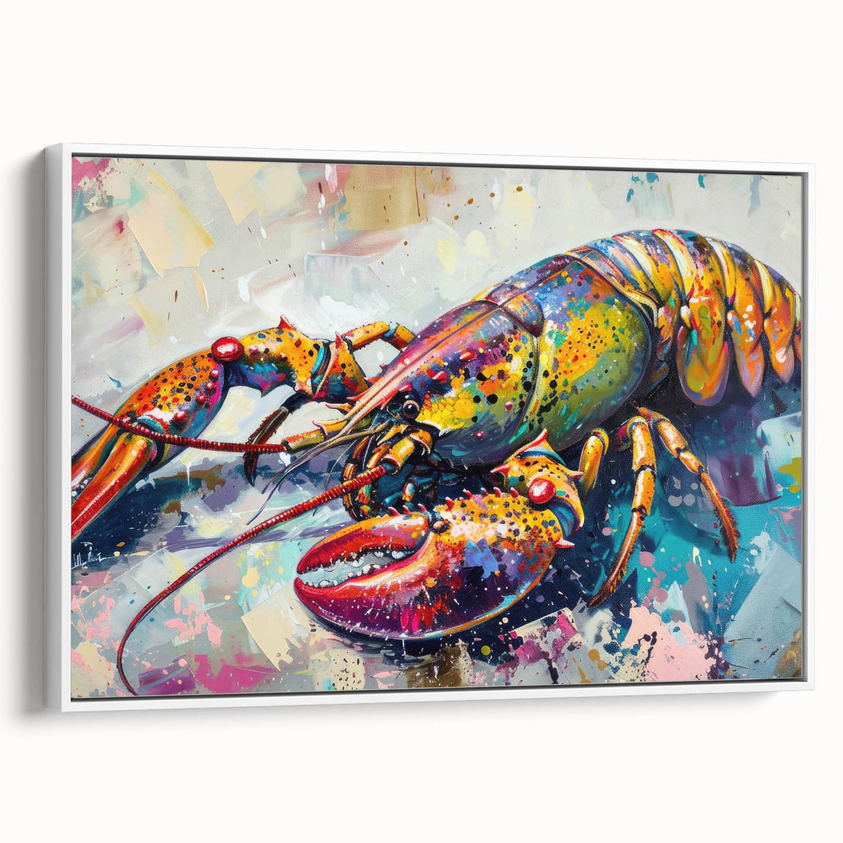 Framed wall art showcasing a vibrant marine life design featuring a detailed lobster in shades of blue and red, set against a white background. Ideal for ocean-themed decor.