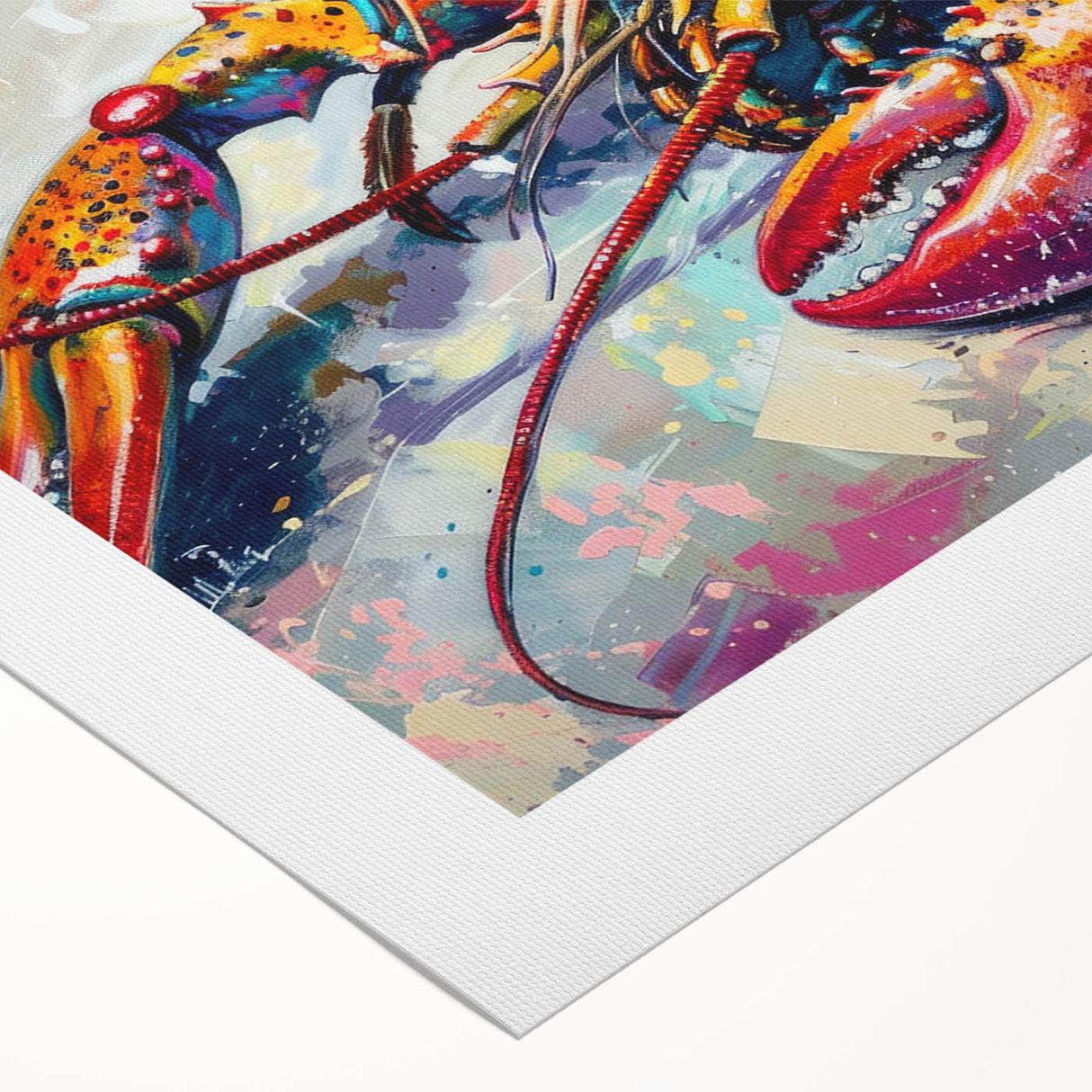 Vibrant rolled canvas artwork showcasing a detailed lobster design against a blue marine background, perfect for ocean-themed decor in homes or restaurants.