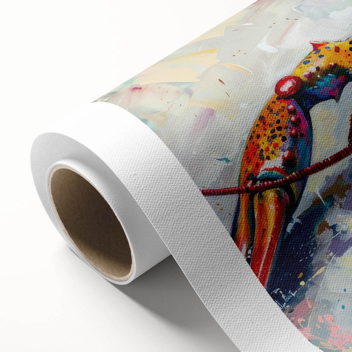 Vibrant rolled canvas wall art featuring a detailed lobster design, showcasing intricate marine life details in vivid colors, perfect for ocean-themed decor.