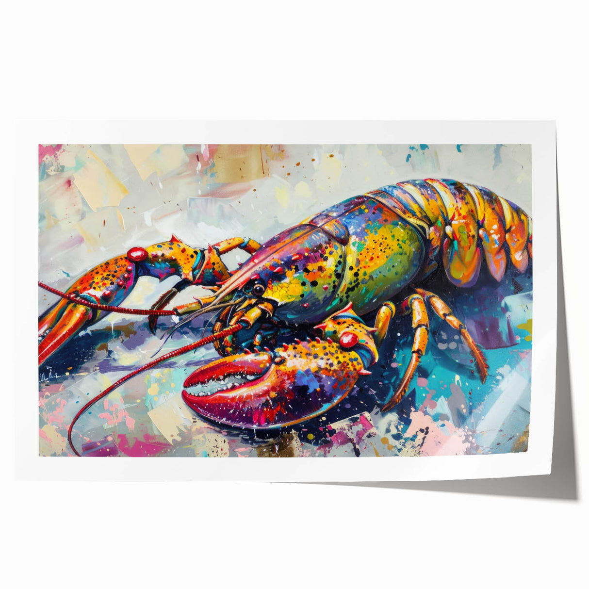 Vibrant marine life wall art print showcasing a detailed lobster design, featuring rich colors and intricate patterns, perfect for ocean-themed decor.