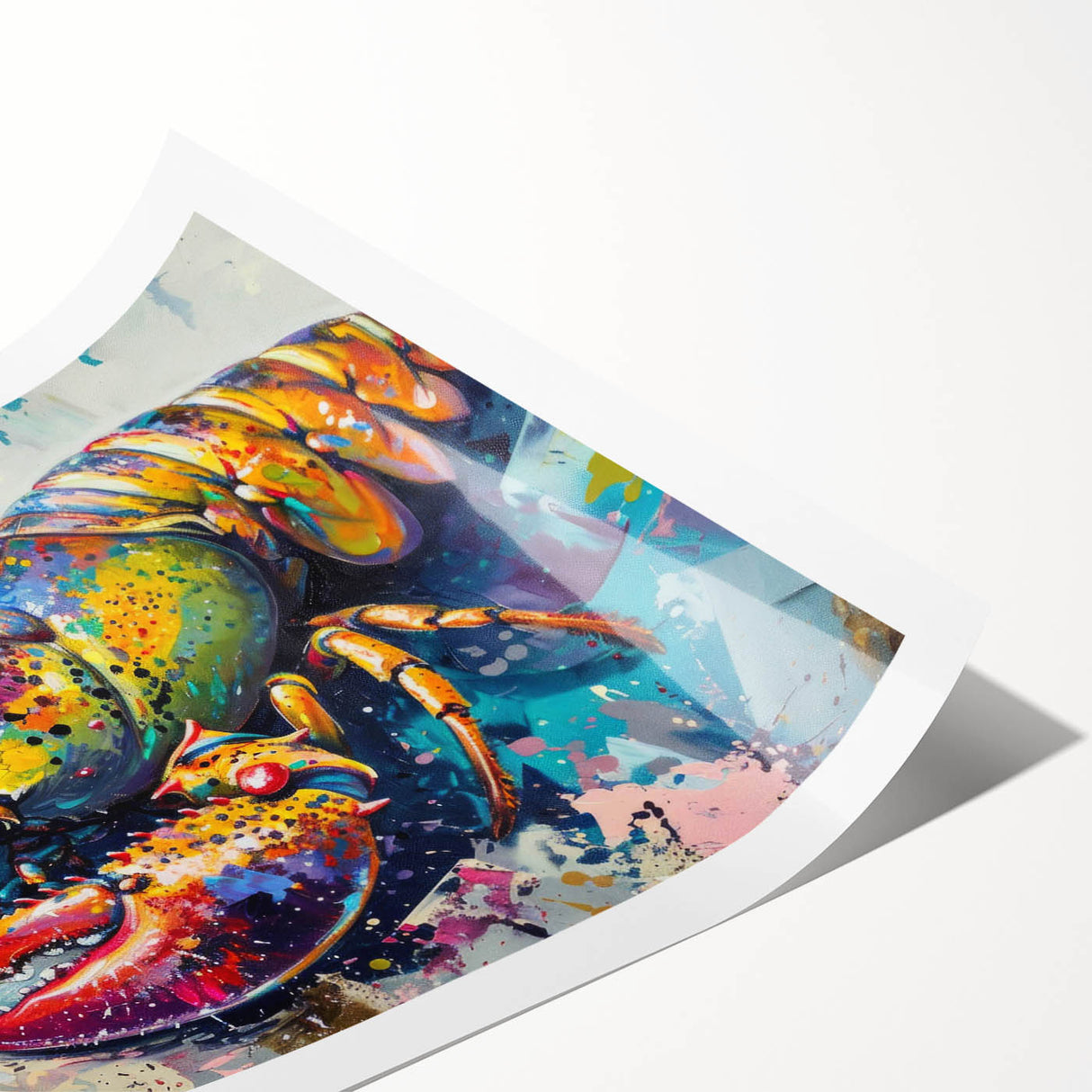 Lobster-themed wall art print showcasing vibrant marine life colors and intricate design details, ideal for coastal decor enthusiasts, rolled for easy framing.