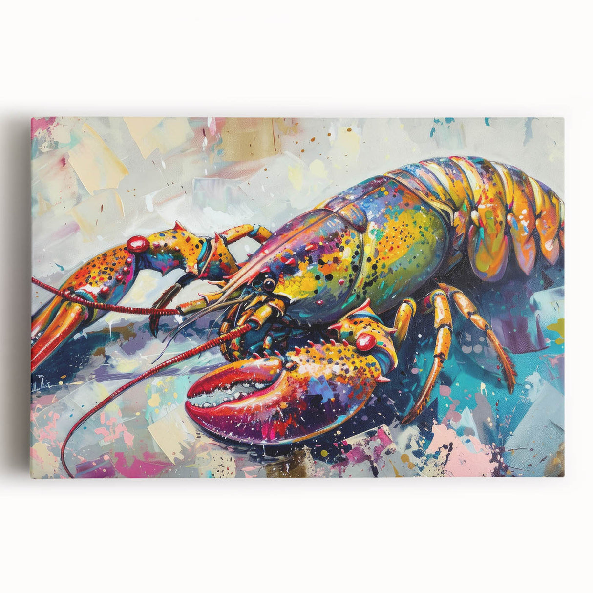 Vibrant wall art featuring a detailed marine life design of a lobster, showcased on stretched canvas with a front view perspective, perfect for ocean-themed decor.