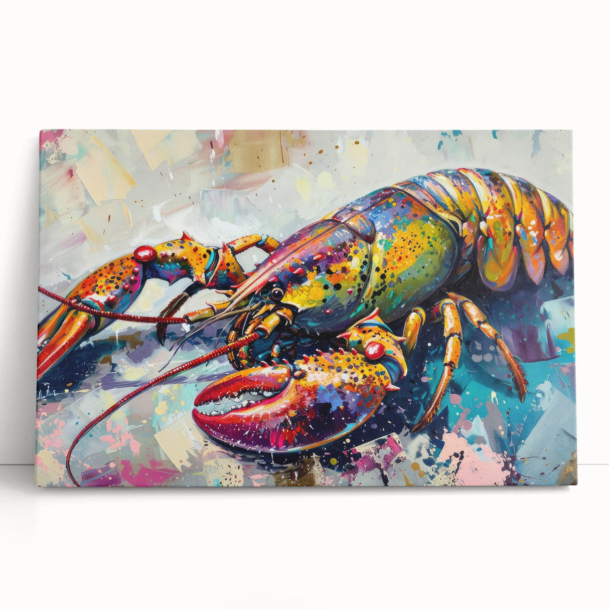 Vibrant marine life wall art featuring a detailed lobster design, printed on stretched canvas, showcasing rich colors and textures, perfect for coastal decor.