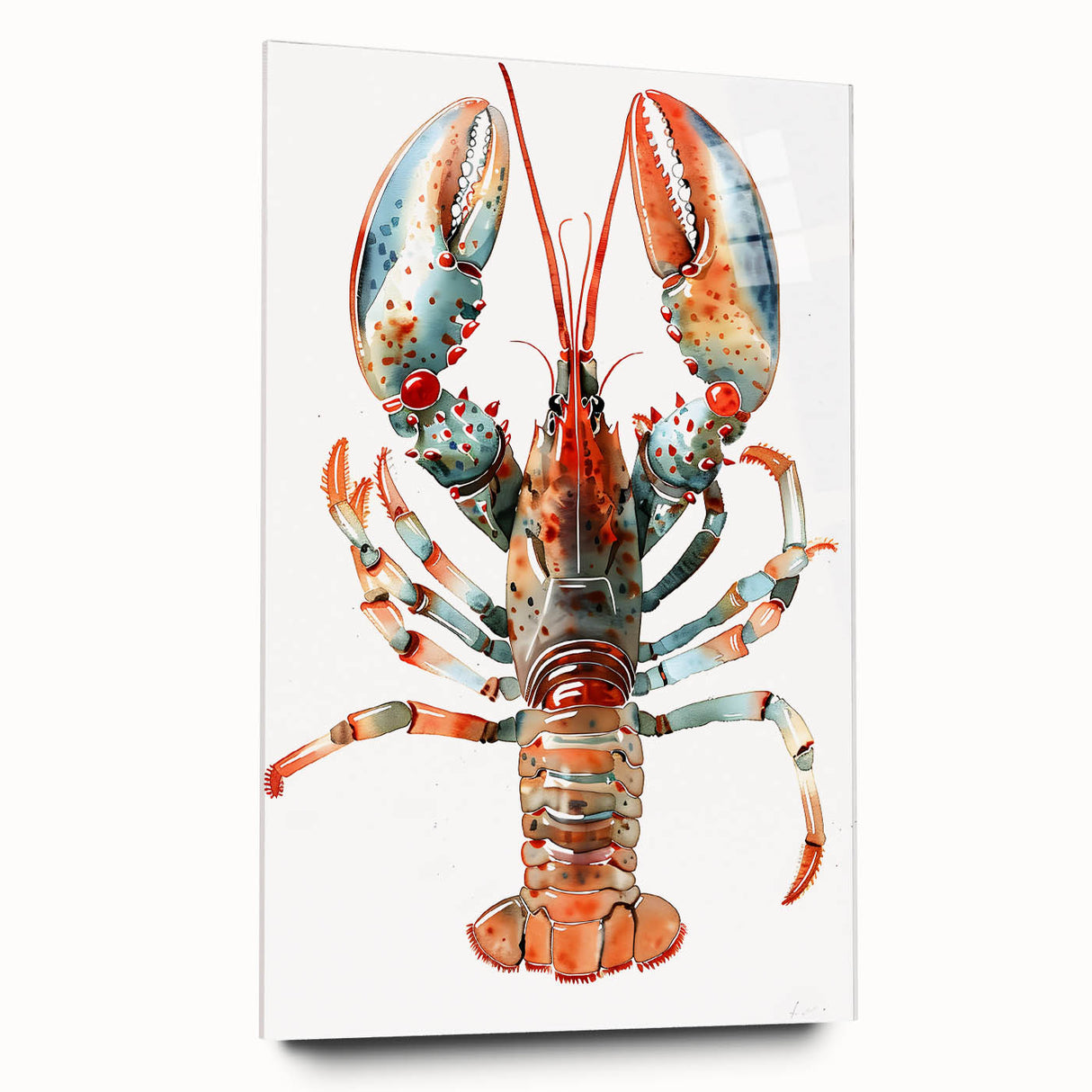 Lobster-themed wall art displayed in a side view, showcasing vibrant colors and intricate marine life details, perfect for coastal decor enthusiasts.
