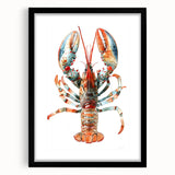 Framed wall art featuring a vibrant lobster design in marine life theme, with a sleek black frame and mat, perfect for ocean-inspired decor and coastal aesthetics.
